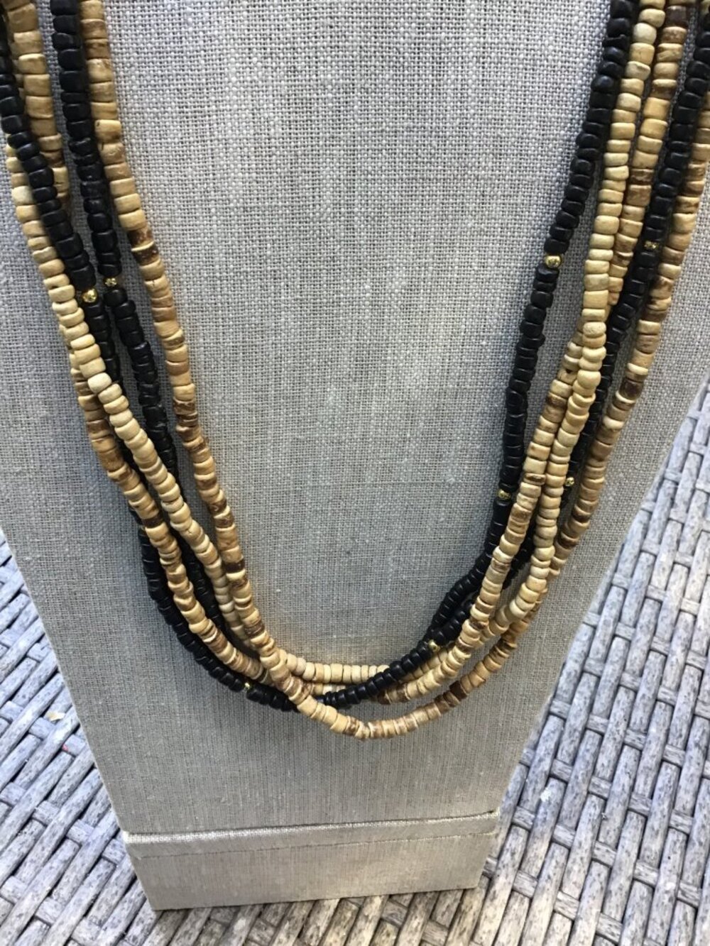 Wooden Heishi 4-Strand Necklace With Black & Natural Beads 32” Long Vintage Styl